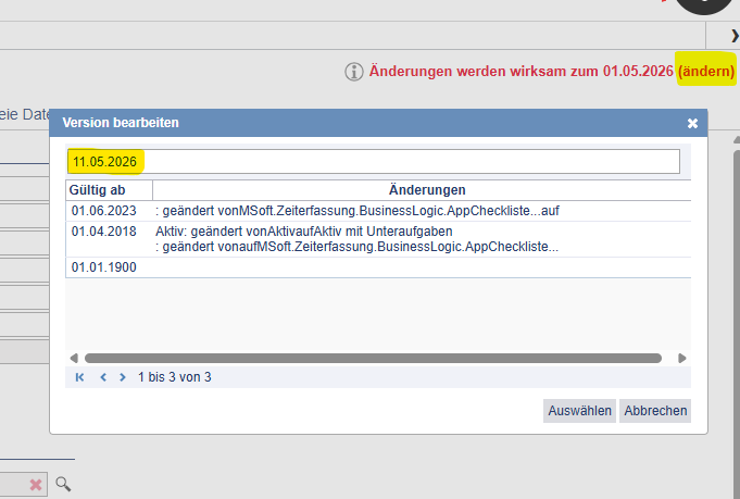 Screenshot: Hinweis zur Wirksamkeit der AZV-Änderung zum Monatsersten.