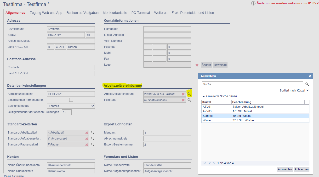Screenshot: Auswahl der Arbeitszeitvereinbarung in Firma über die Lupe.