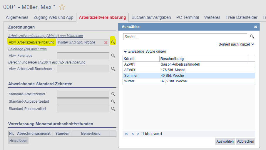 Screenshot: Abweichende Arbeitszeitvereinbarung in Mitarbeitenden-Stammdaten auswählen.