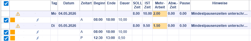 Mindestpausen berücksichtigen: Ja, prüfen mit Warnung