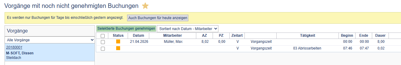 Übersicht der Buchungsgenehmigungen