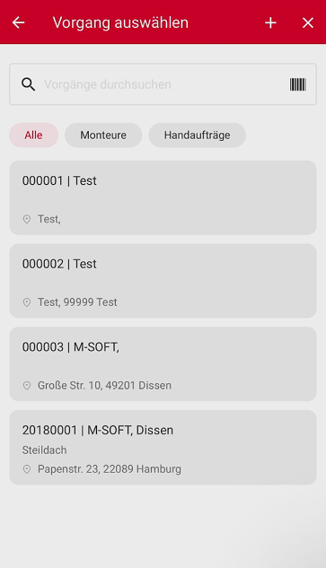 Vorgang auswählen über Suche oder Scrollen