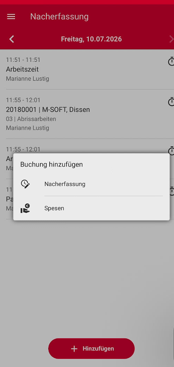Dialogfenster zum Hinzufügen von Nacherfassung oder Spesen
