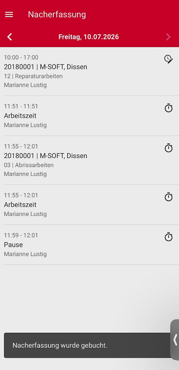Gebuchte Nacherfassung in der Übersicht