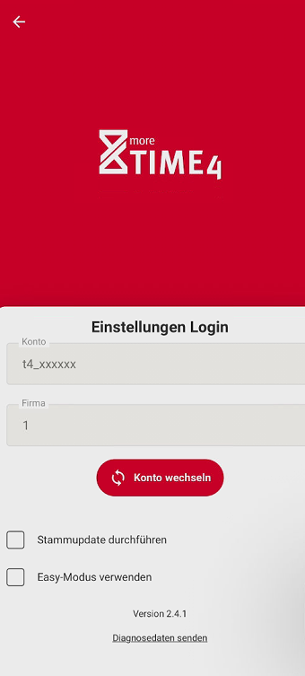 Zahnrad-Menü mit Stammdatenupdate und Easy-Modus