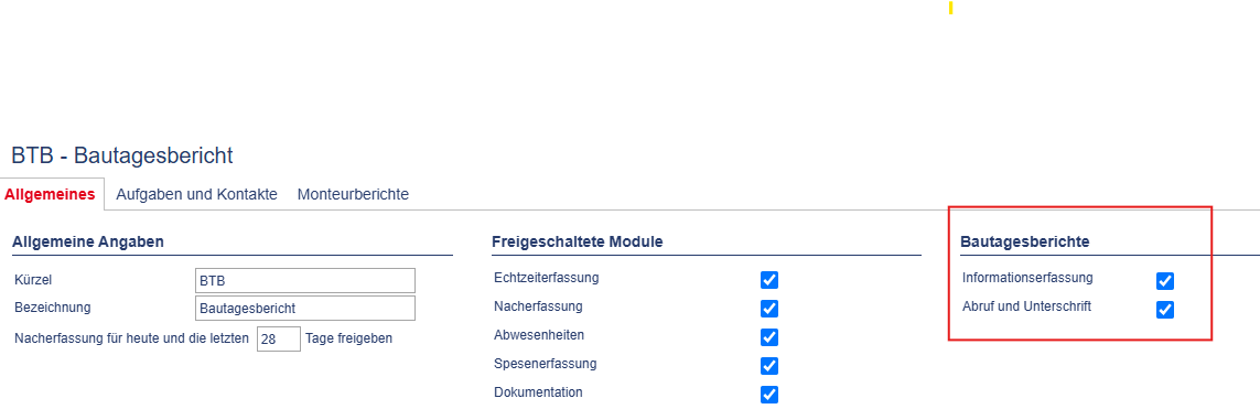 Freigabe der Erstellung von Bautageberichten
