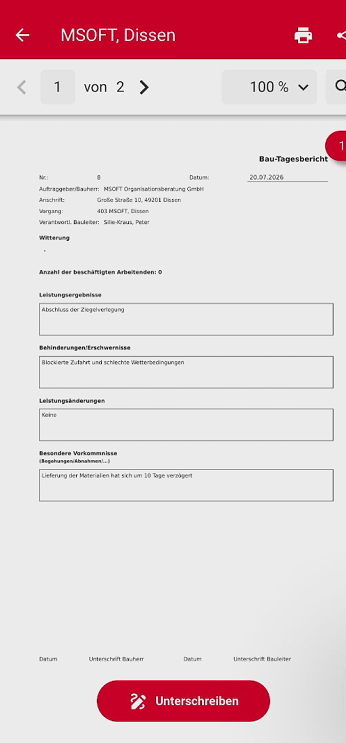 Erstelltes PDF-Dokument zum Bautagebericht