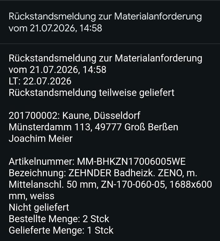 E-Mail Lieferrückmeldung
