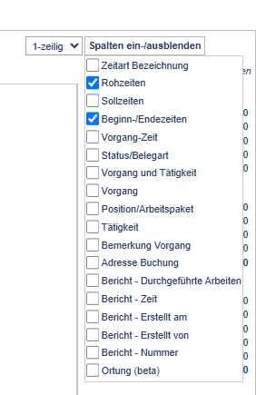 Beginn-/Endezeiten und Rohzeiten einblenden