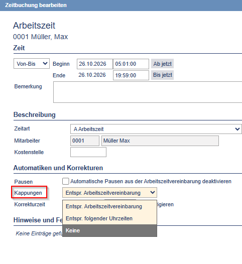 Auswahlmöglichkeiten für Kappungen