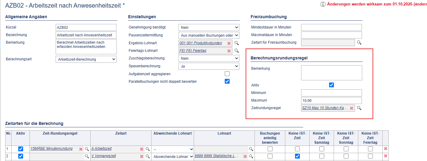Hinterlegung in der Arbeitszeitberechnungsregel
